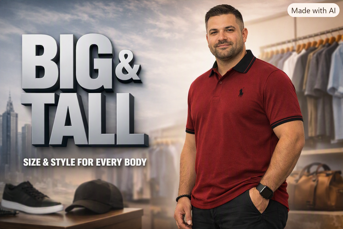 “Big and Tall men’s fashion banner featuring a confident man wearing a maroon polo shirt with black tipping, promoting size‑inclusive clothing and stylish fits for every body.”