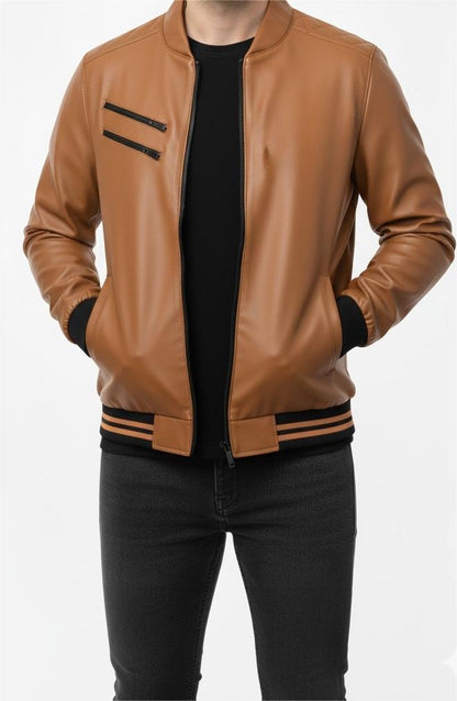 Zip Up Mustard Brown Leather Jacket