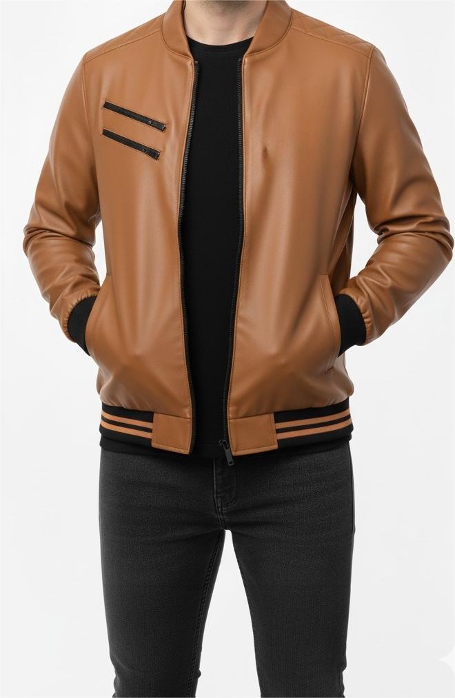 Zip Up Mustard Brown Leather Jacket