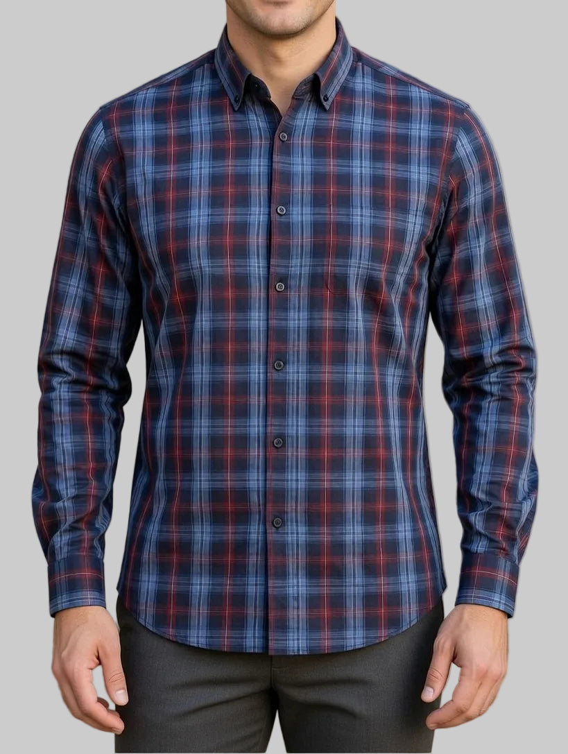 Men’s Premium red and Sky Blue Micro-Grid Shirt