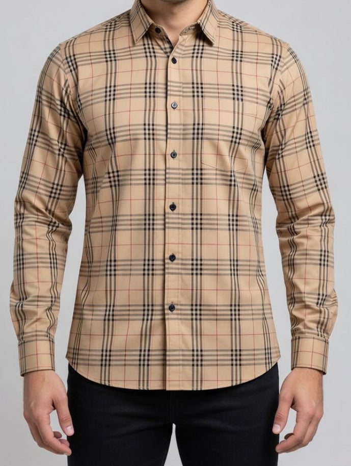 Men’s Heritage Camel and Black Checkered Plaid Shirt