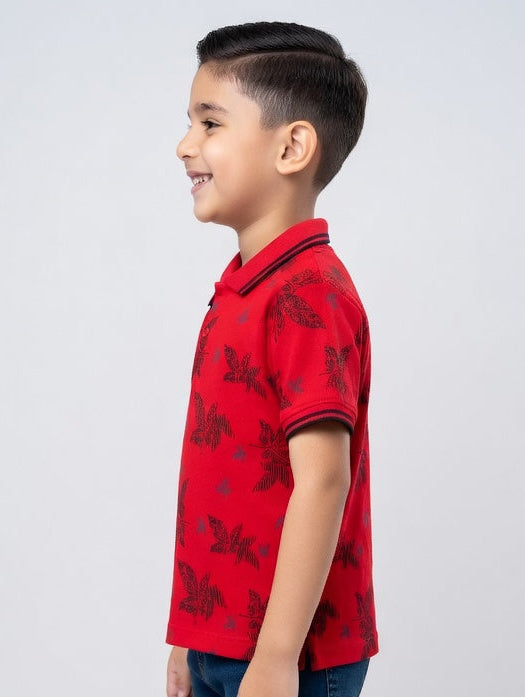 Boys' Casual White Polo – Tropical Leaf Pattern