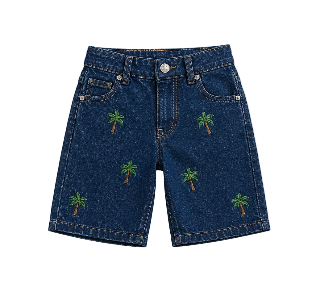 Premium Embroidered Palm Motif Denim Shorts for Kids
