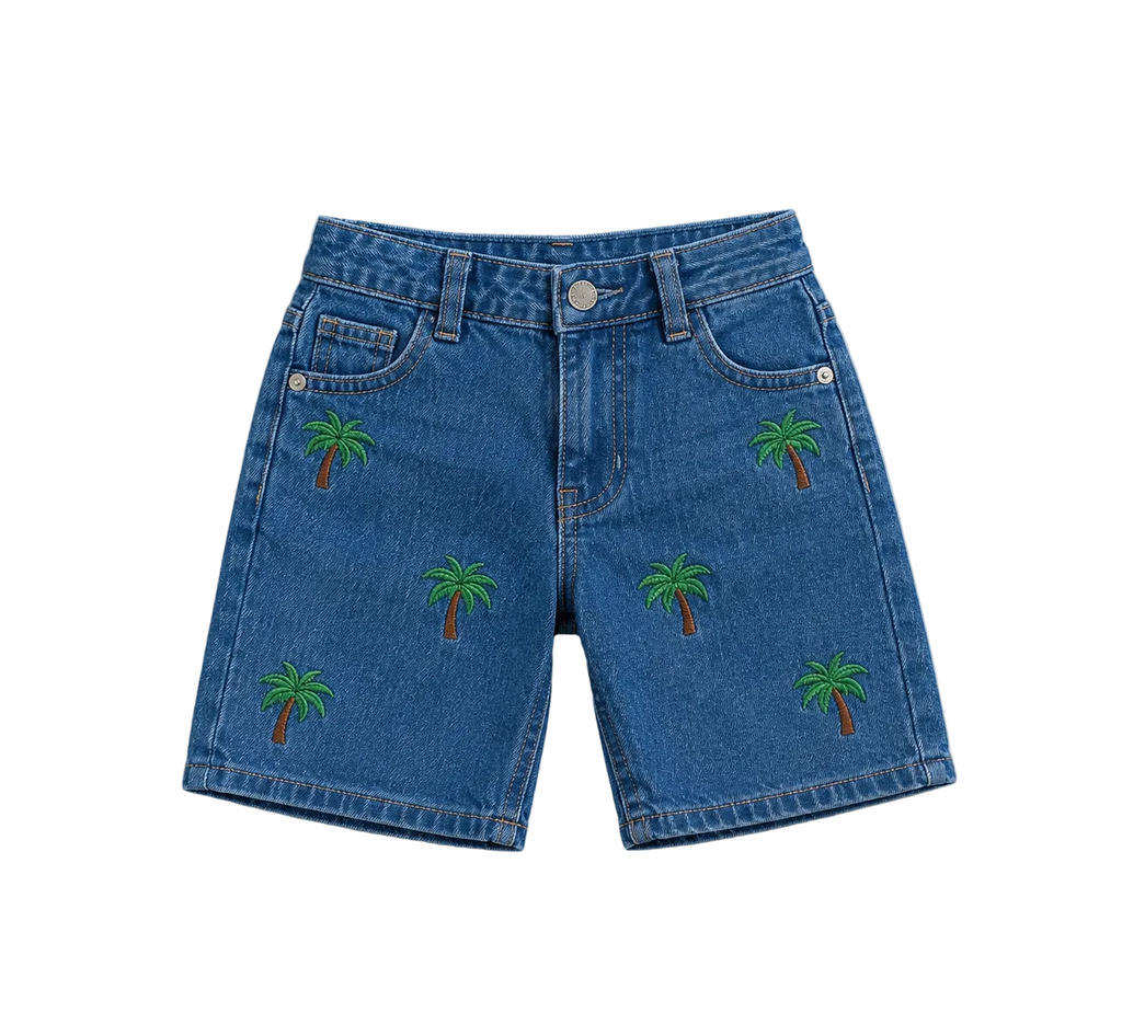 Premium Embroidered Palm Motif Denim Shorts for Kids