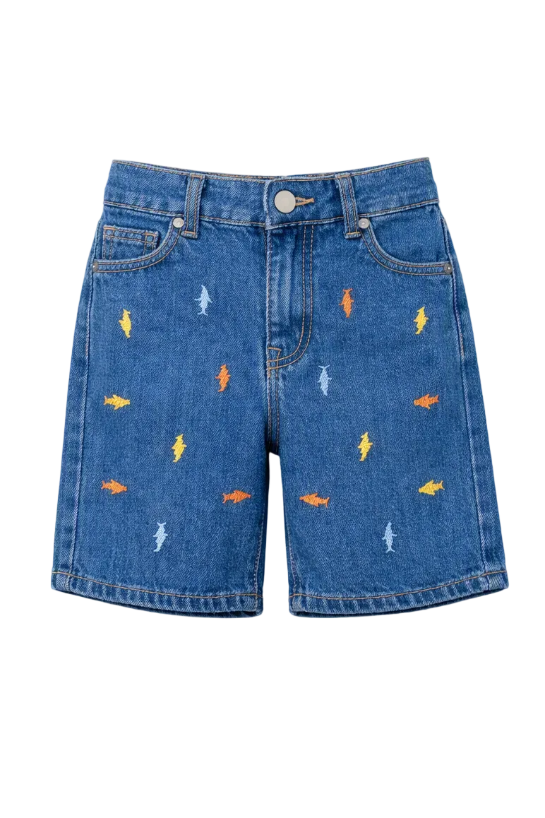 Toddler's Fun Shark-Embroidered Denim Shorts