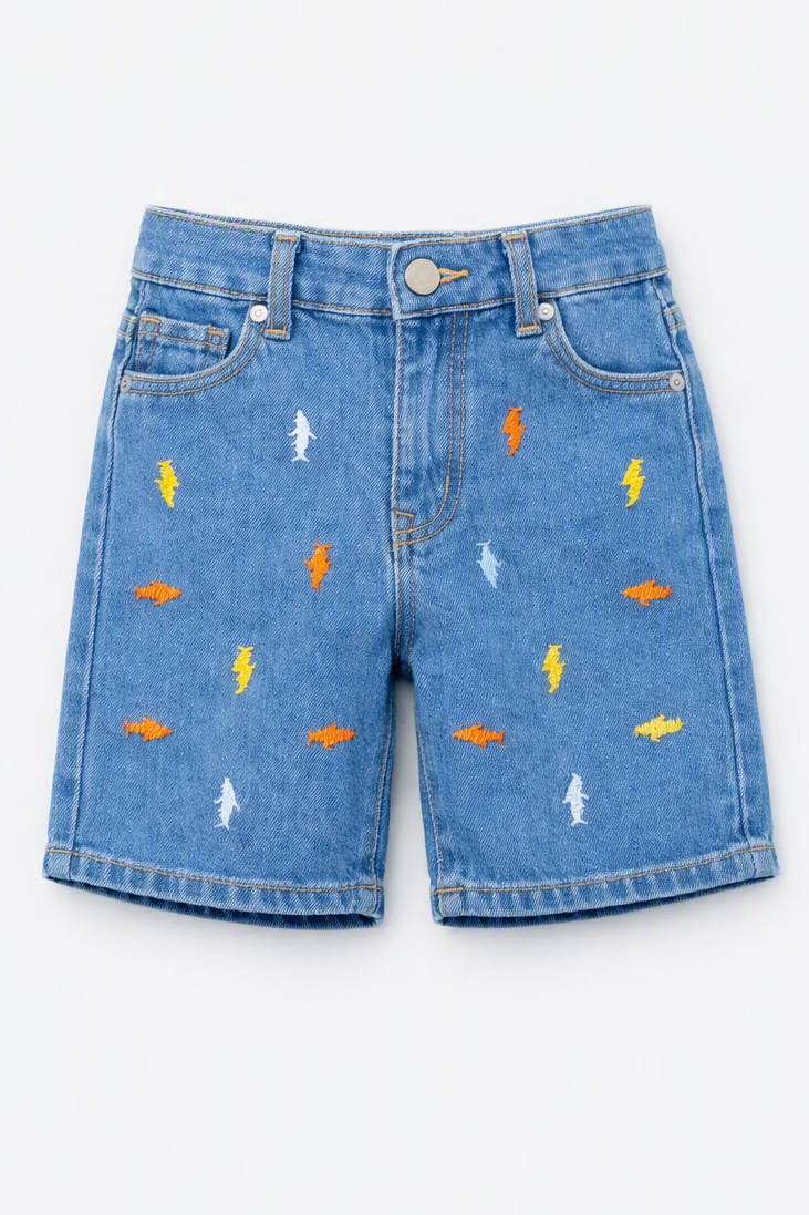 Toddler's Fun Shark-Embroidered Denim Shorts