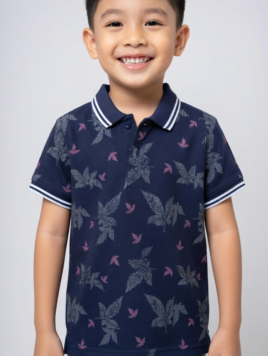 Boys' Casual White Polo – Tropical Leaf Pattern