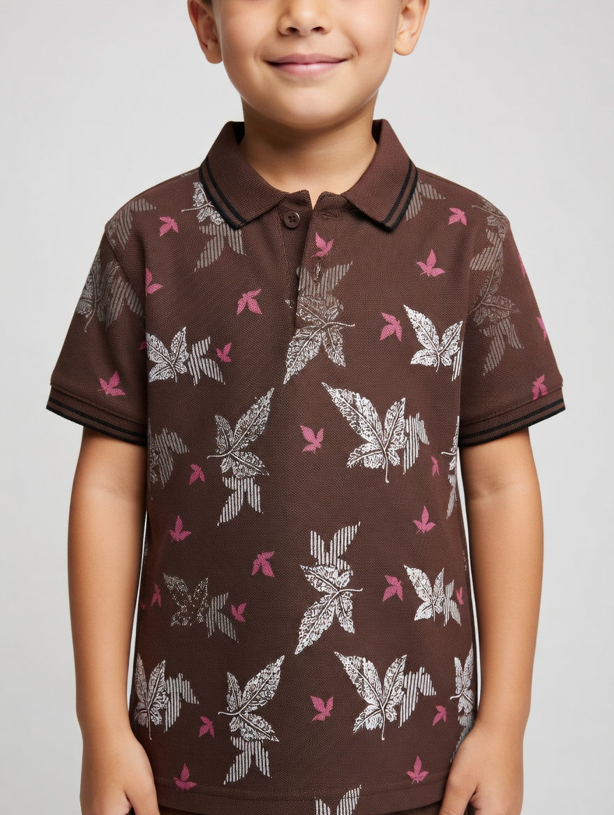 Boys' Casual White Polo – Tropical Leaf Pattern