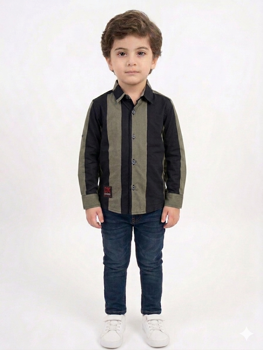 Boys Olive Green and Black Vertical Stripe Shirt