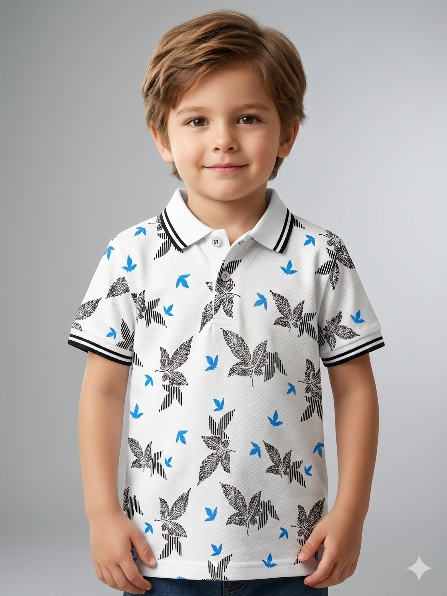 Boys' Casual White Polo – Tropical Leaf Pattern