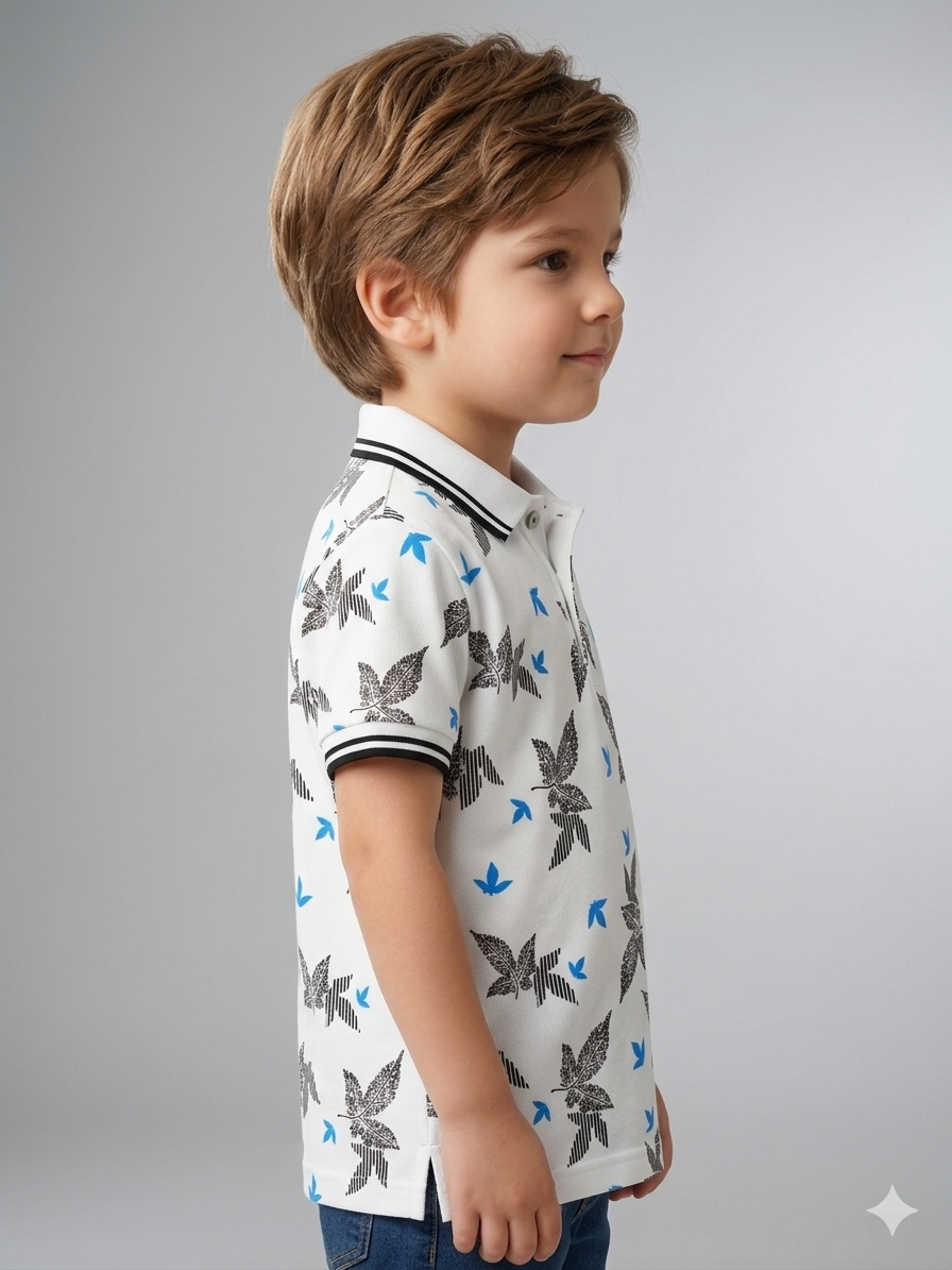 Boys' Casual White Polo – Tropical Leaf Pattern