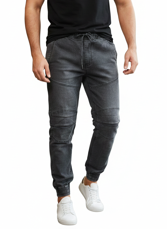 Dark Grey Moto Denim Joggers for Men