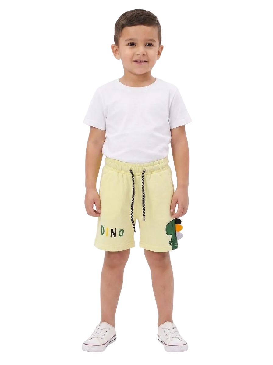 Boys' Lemon Yellow Casual Shorts – Fun Dinosaur Graphic Print