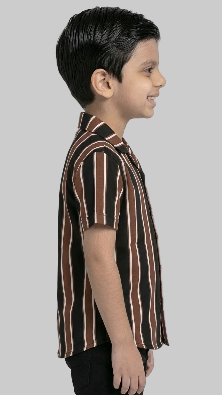 Kids Smart Stripe Collared Half sleeve Shirt (Dark Brown)