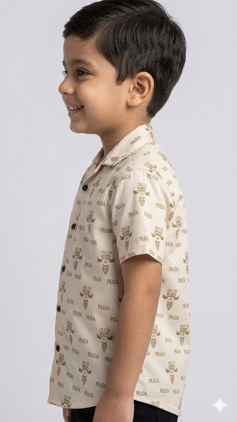 Boys' "Prada Milano" Luxury Print Button-Down Shirt (Beige)