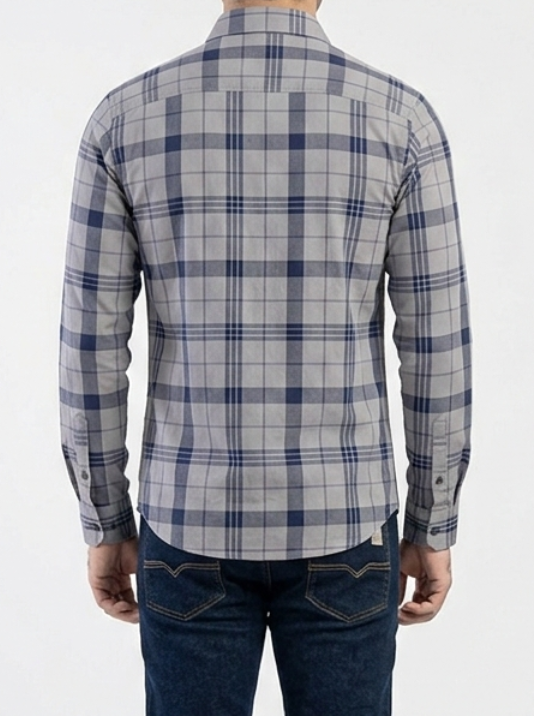 Classic Grey Plaid Long Sleeve Shirt with Navy Bold Strips