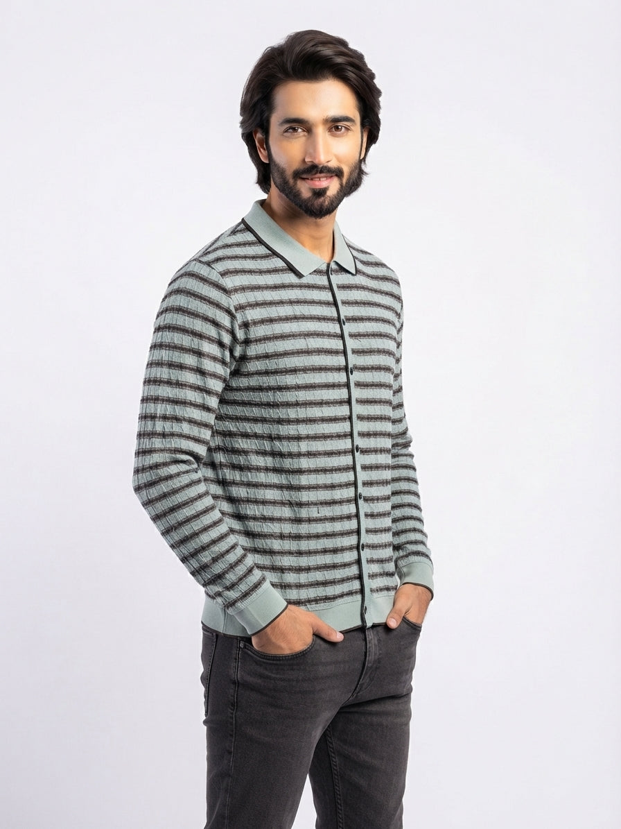 Men's Imported Striped Full Sleeves T-Shirt with Titch Buttons