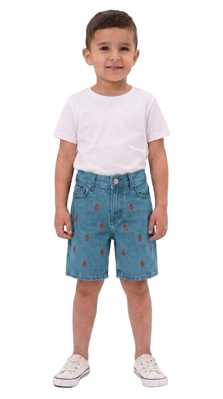 Boys' Embroidered Denim Shorts - Carrot Motif