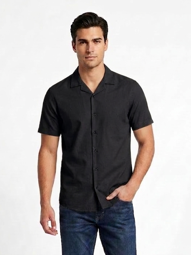 Men's Premium Black Cuban Collar Short Sleeve Shirt