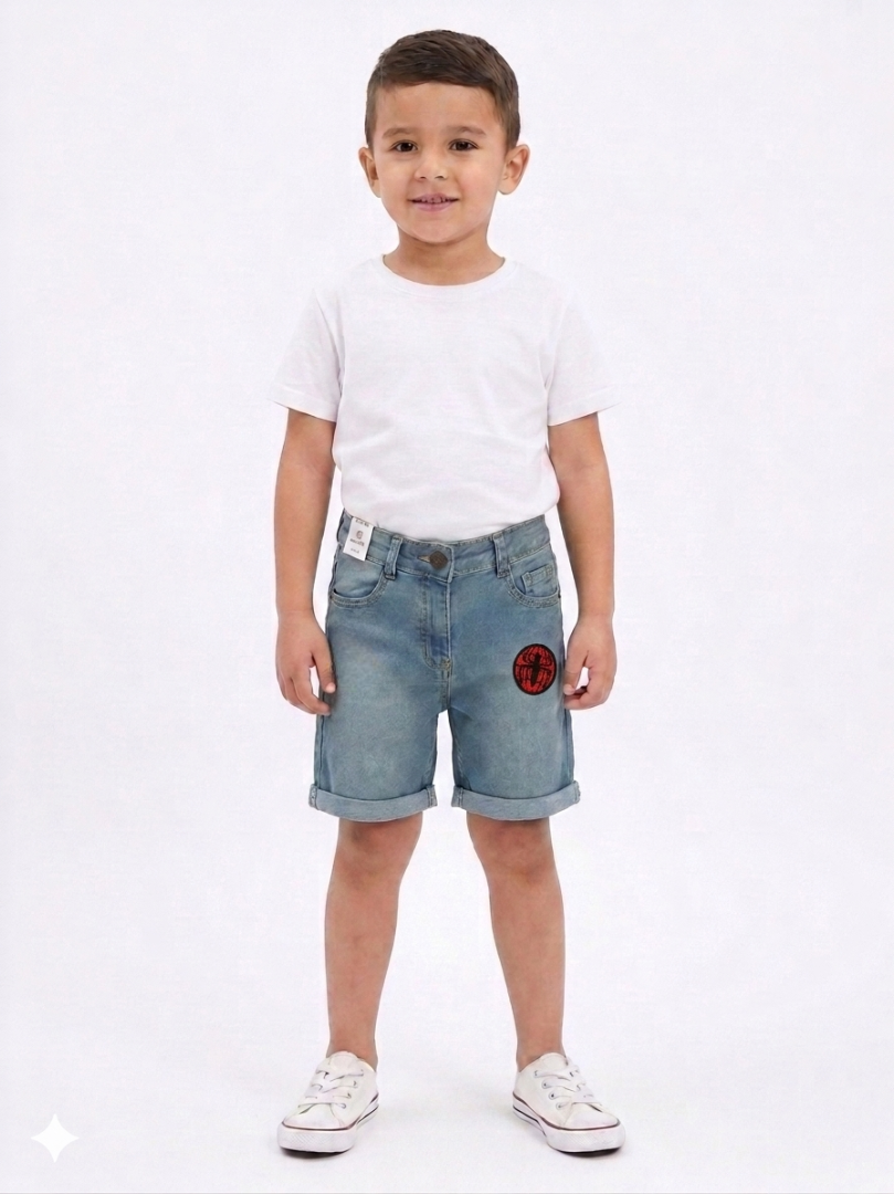 Boys' Denim Shorts with Cuffed Spider & Graphic Patch