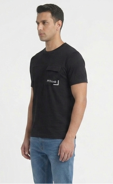 Men’s Imported Black Crew Neck T-Shirt with Chest Pocket