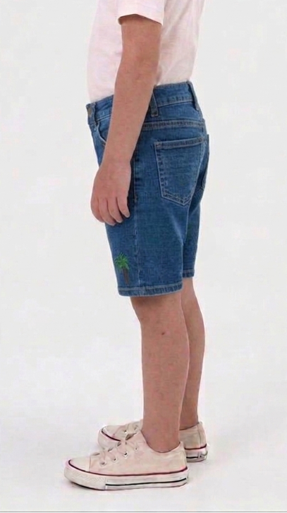 Premium Embroidered Palm Motif Denim Shorts for Kids