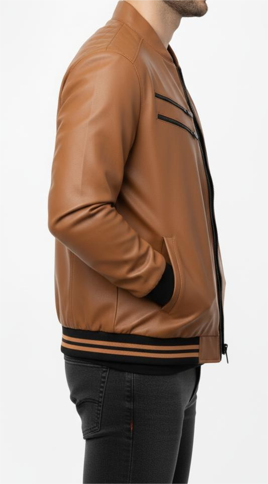 Zip Up Mustard Brown Leather Jacket