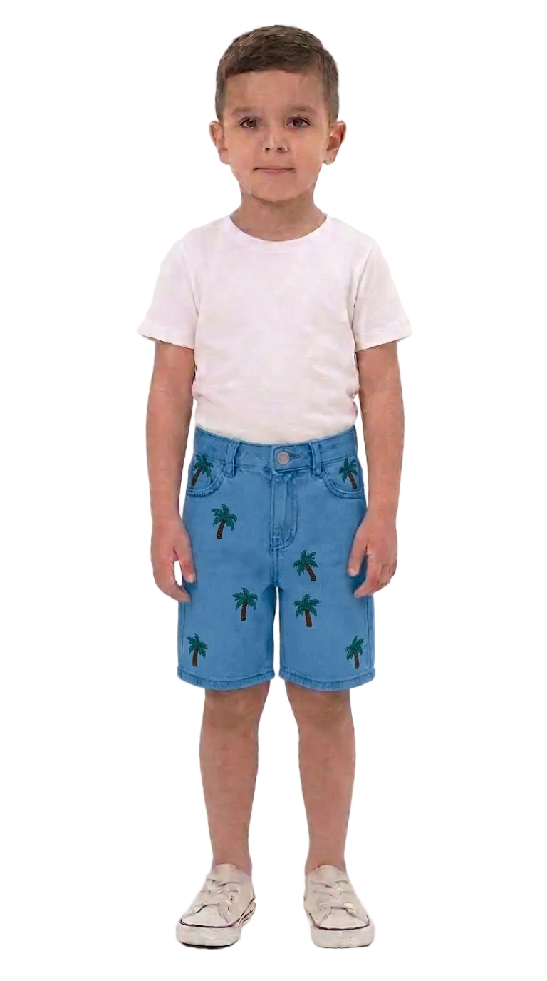 Premium Embroidered Palm Motif Denim Shorts for Kids