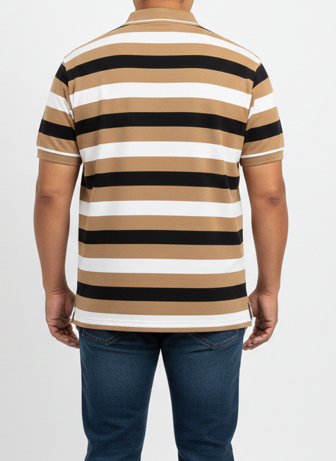 Man wearing a short-sleeve striped polo shirt