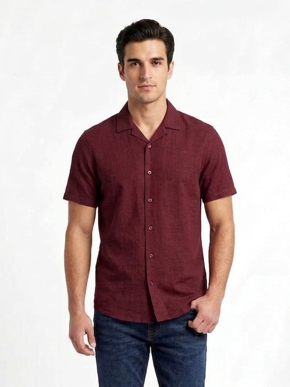 Men's Premium Maroon Cuban Collar Short Sleeve Shirt