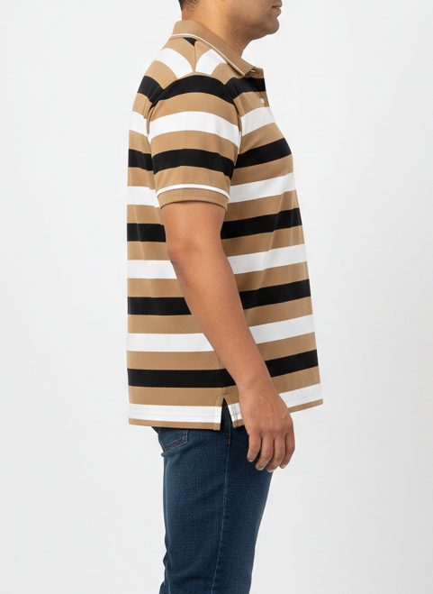 Man wearing a short-sleeve striped polo shirt 