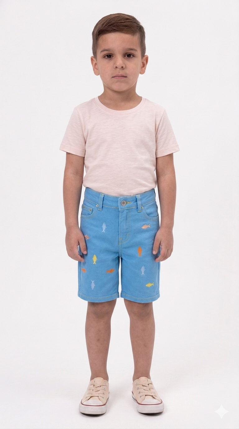 Kids' Fun Shark-Embroidered Denim Shorts
