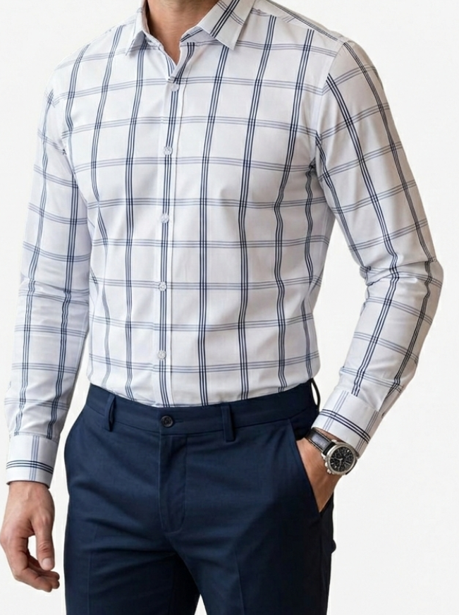 Men's Modern-Fit Slate Grey and Navy Checked Shirt