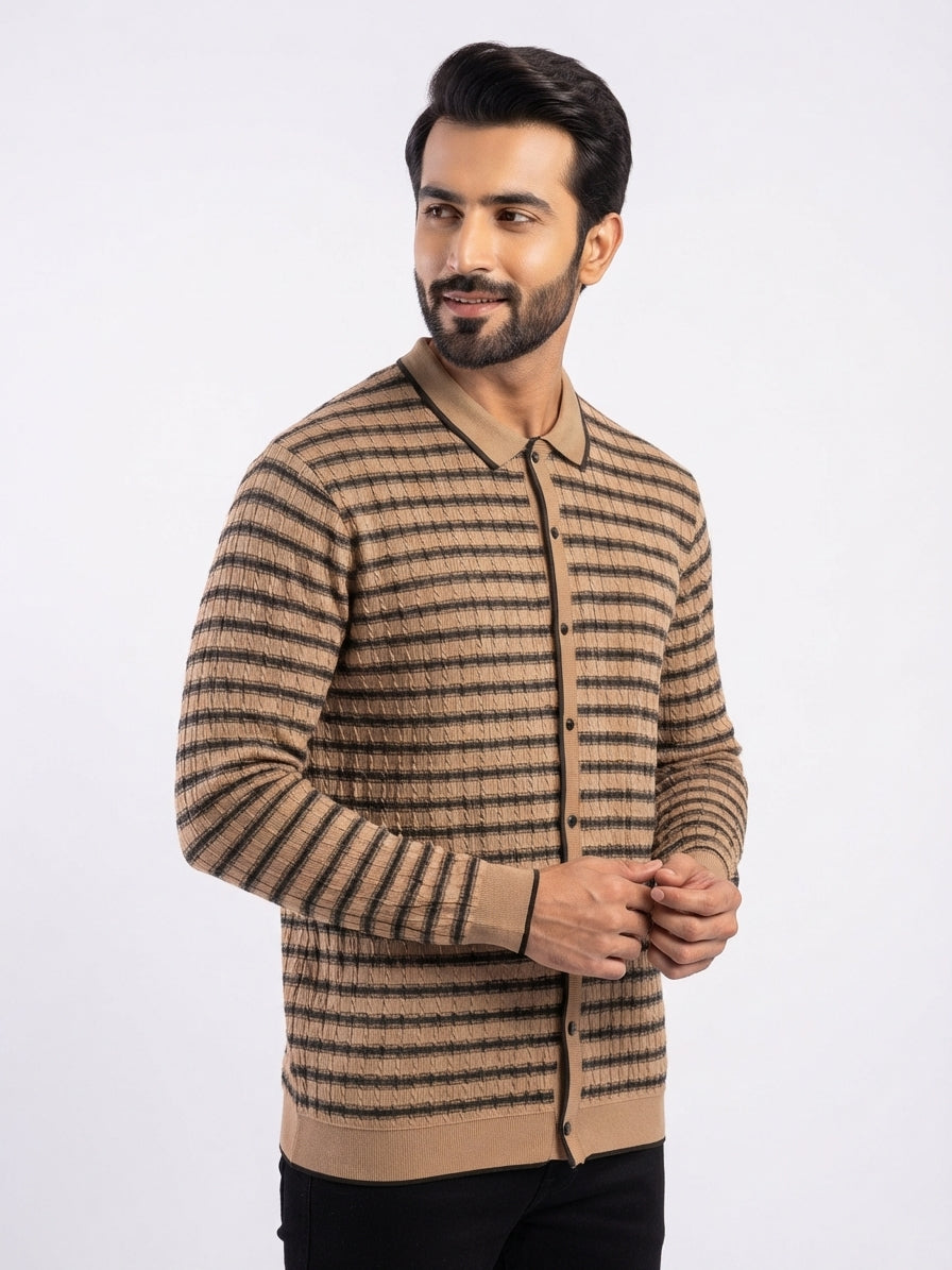 Men's Imported Striped Full Sleeves T-Shirt with Titch Buttons