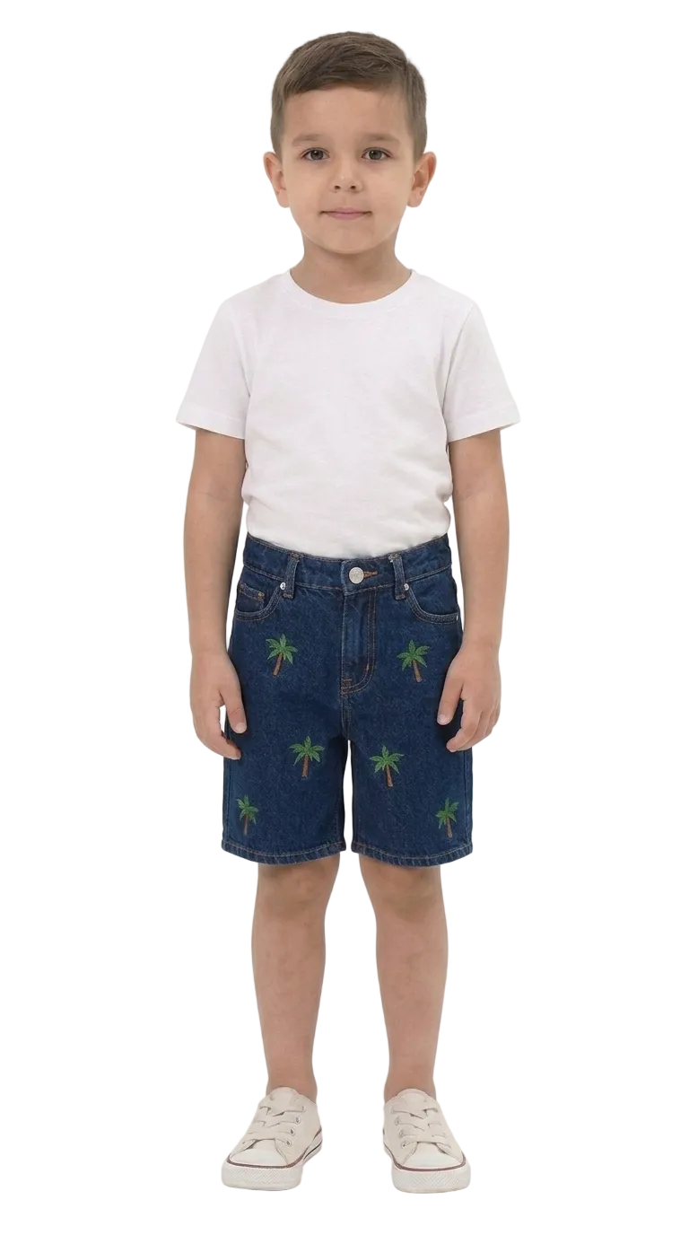 Premium Embroidered Palm Motif Denim Shorts for Kids
