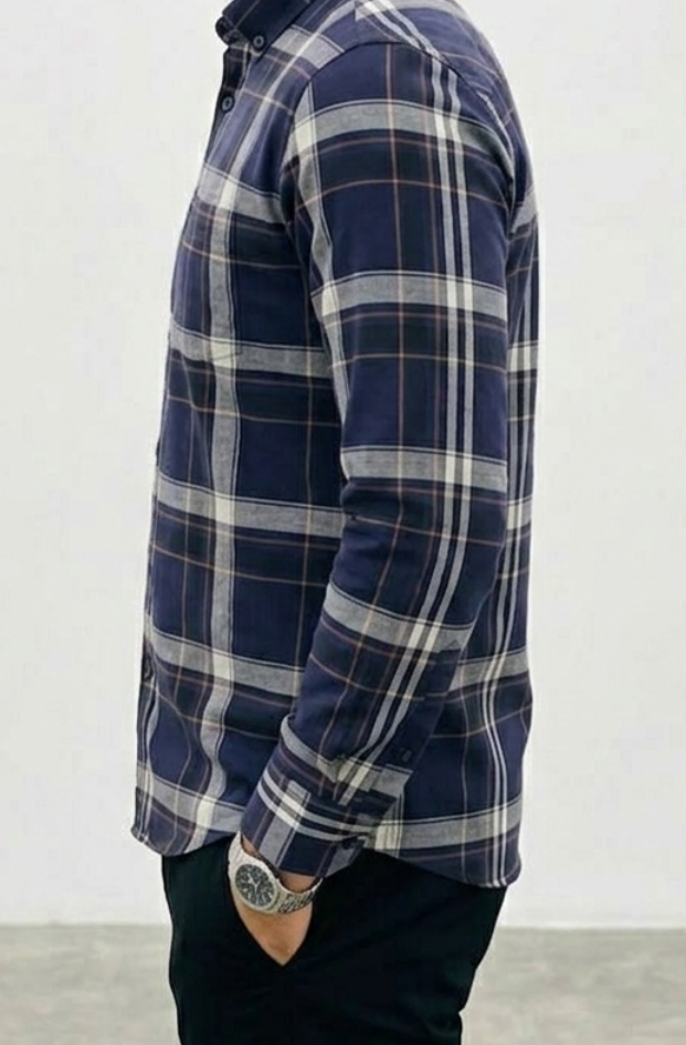 Men's Slim-Fit Midnight Navy and Charcoal Plaid Shirt