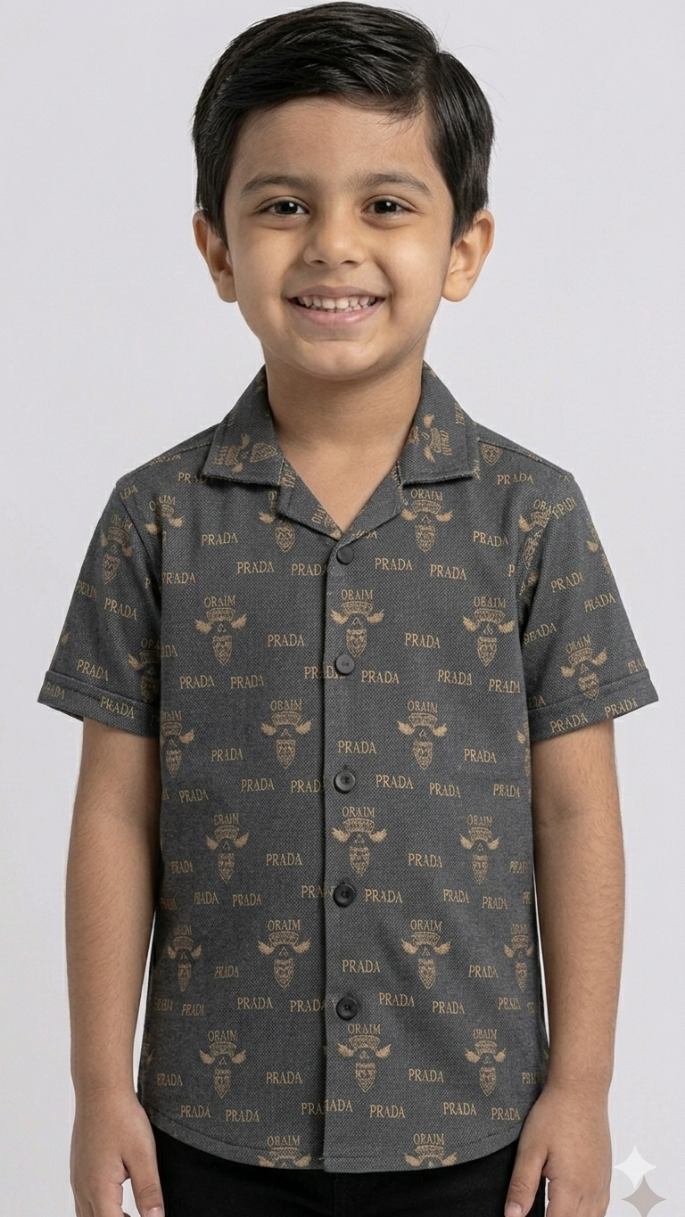 Boys' "Prada Milano" Luxury Print Button-Down Shirt (Dark Grey)