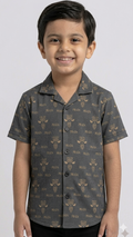 Boys' "Prada Milano" Luxury Print Button-Down Shirt (Dark Grey)