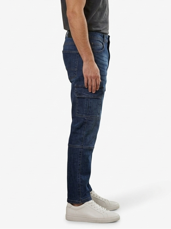Men's Premium Regular-Fit Dark Blue Denim Cargo Pants