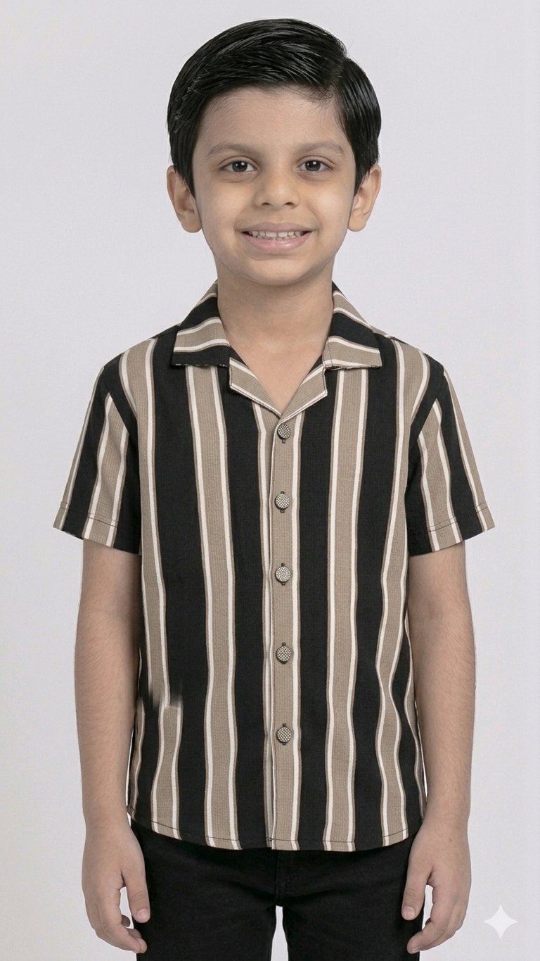 Kids Smart Stripe Collared Half sleeve Shirt (Beige)