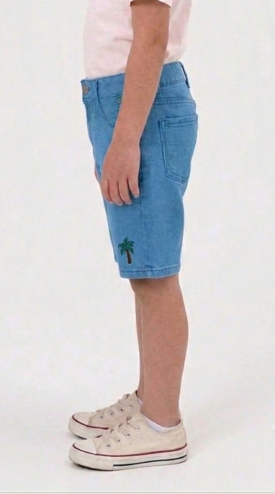 Premium Embroidered Palm Motif Denim Shorts for Kids