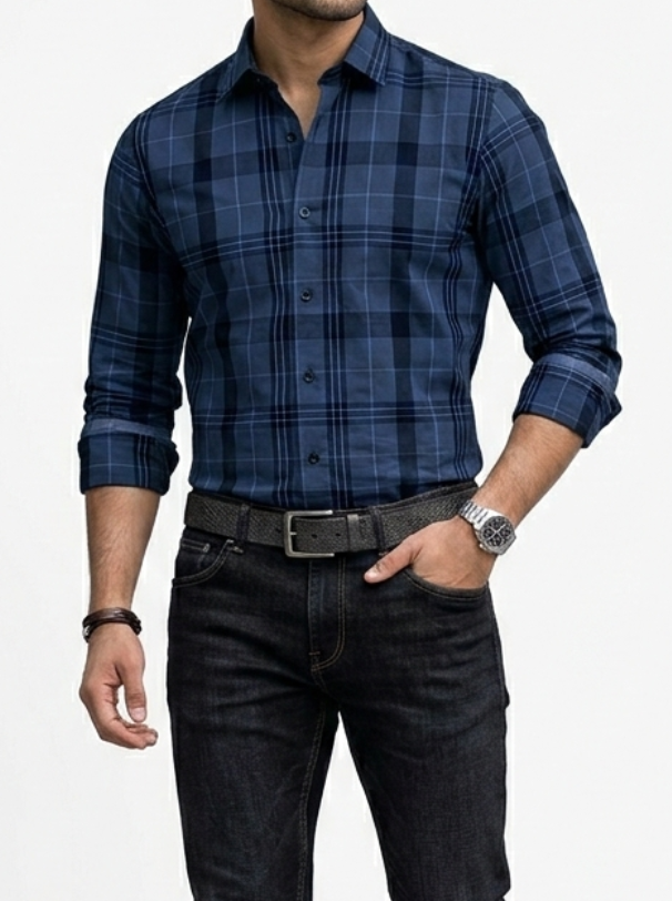 Classic Midnight Blue Checked Long Sleeve Shirt