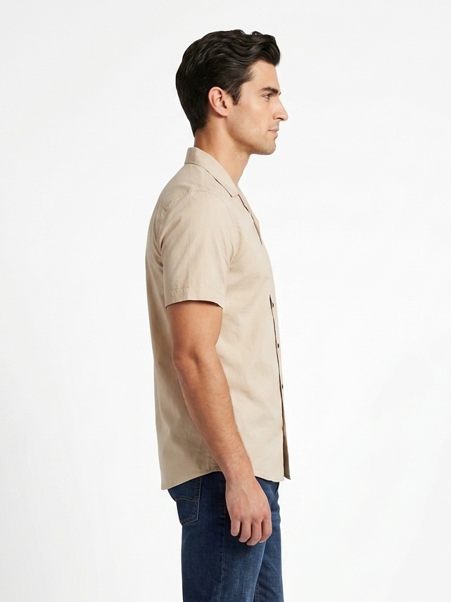 Men's Premium BEIGE Cuban Collar Short Sleeve Shirt