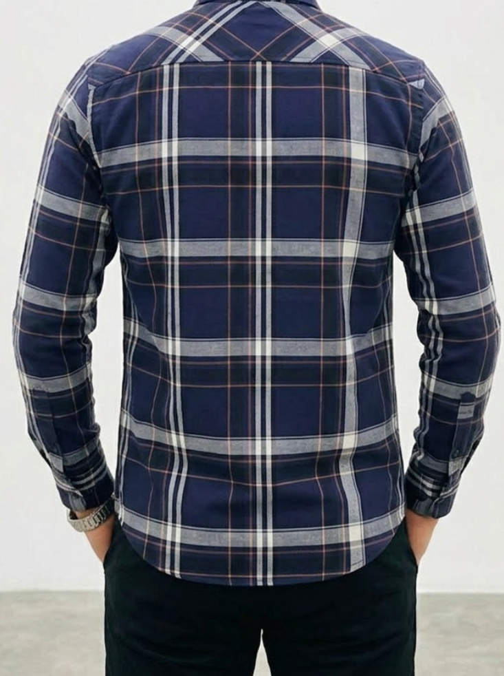 Men's Slim-Fit Midnight Navy and Charcoal Plaid Shirt