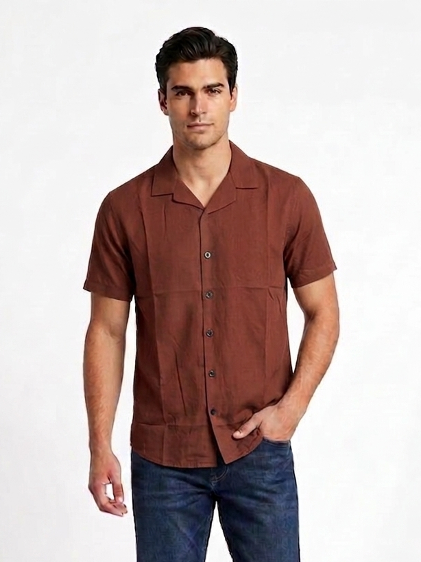 Men's Premium Dark Brown Cuban Collar Short Sleeve Shirt