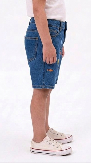 Kids' Fun Shark-Embroidered Denim Shorts