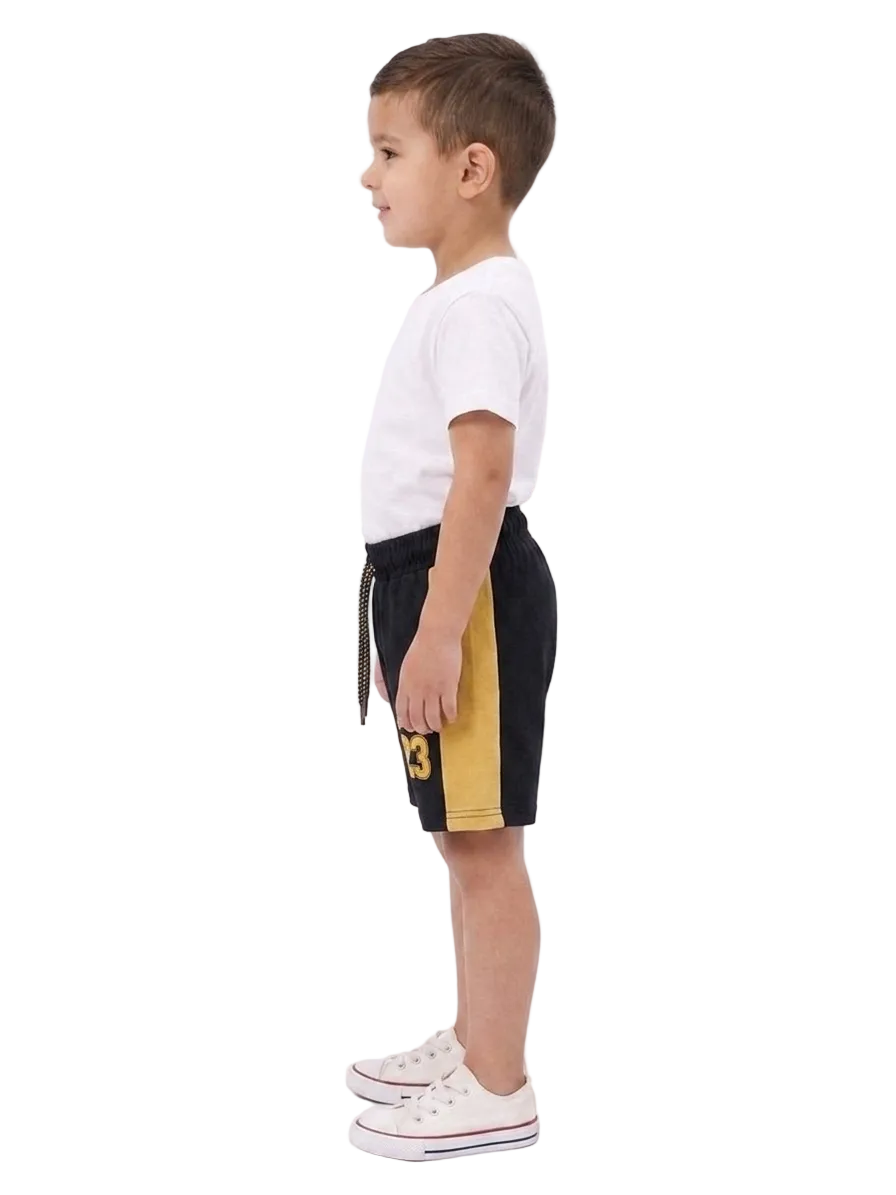 Boys' Black Casual Shorts – "Los Angeles 23" Graphic with Side Panels