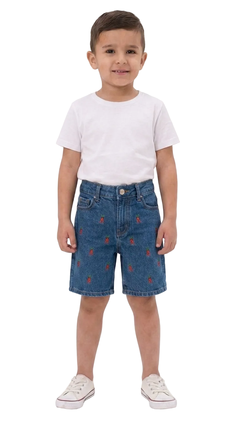 Boys' Embroidered Denim Shorts - Carrot Motif
