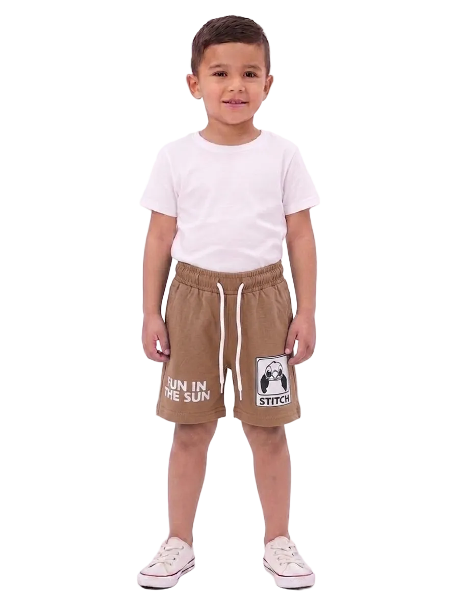 Boys' Brown Casual Shorts – "Fun in the Sun" Stitch Graphic Print