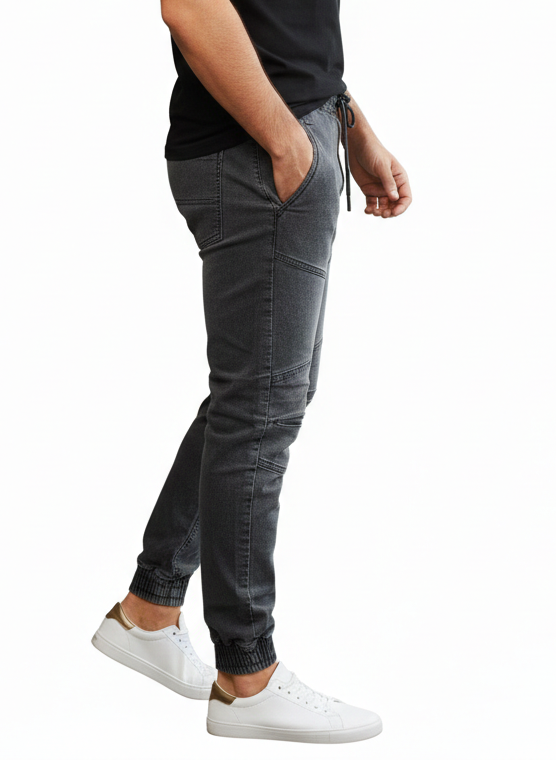 Dark Grey Moto Denim Joggers for Men